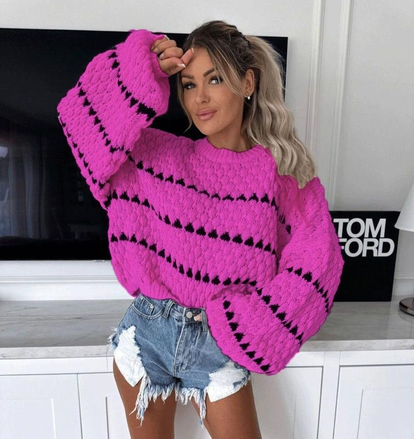 Dames Oversized Fuchsia Warme Gebreide Trui – Grof Knit – Zachte 30% Wol 70%  Acryl – One Size