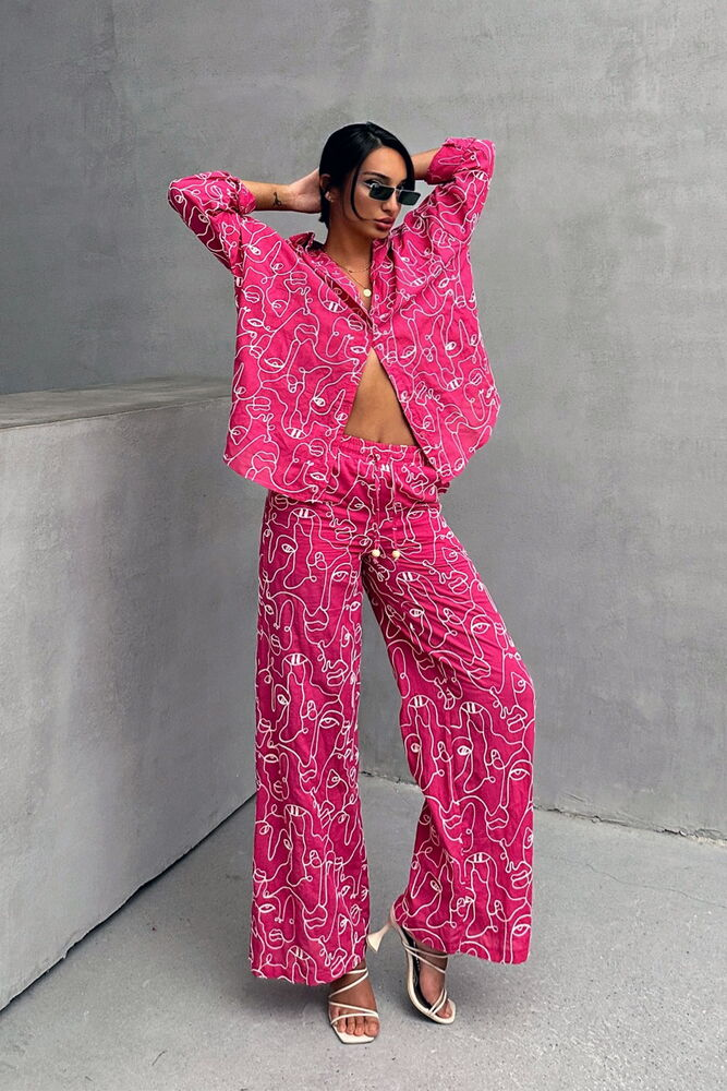 Broderie Line by AroeFashion - Geborduurde Wijde Broek Fuchsia