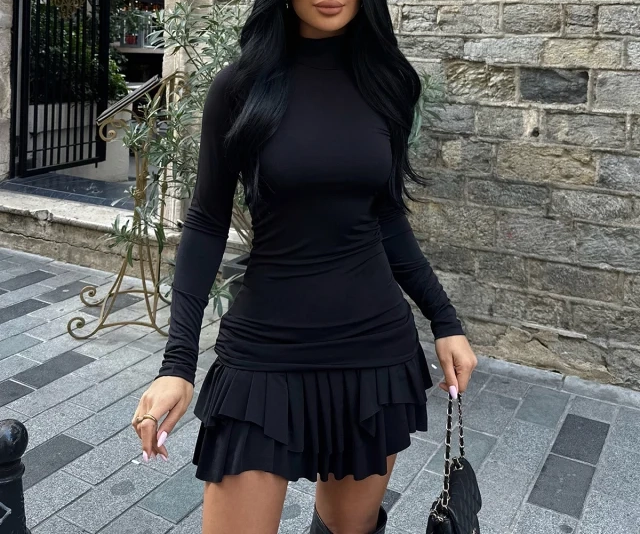 Zwarte Mini Jurk Met Plissé Rok en Col kraag  Elegante Stretch Party Dress