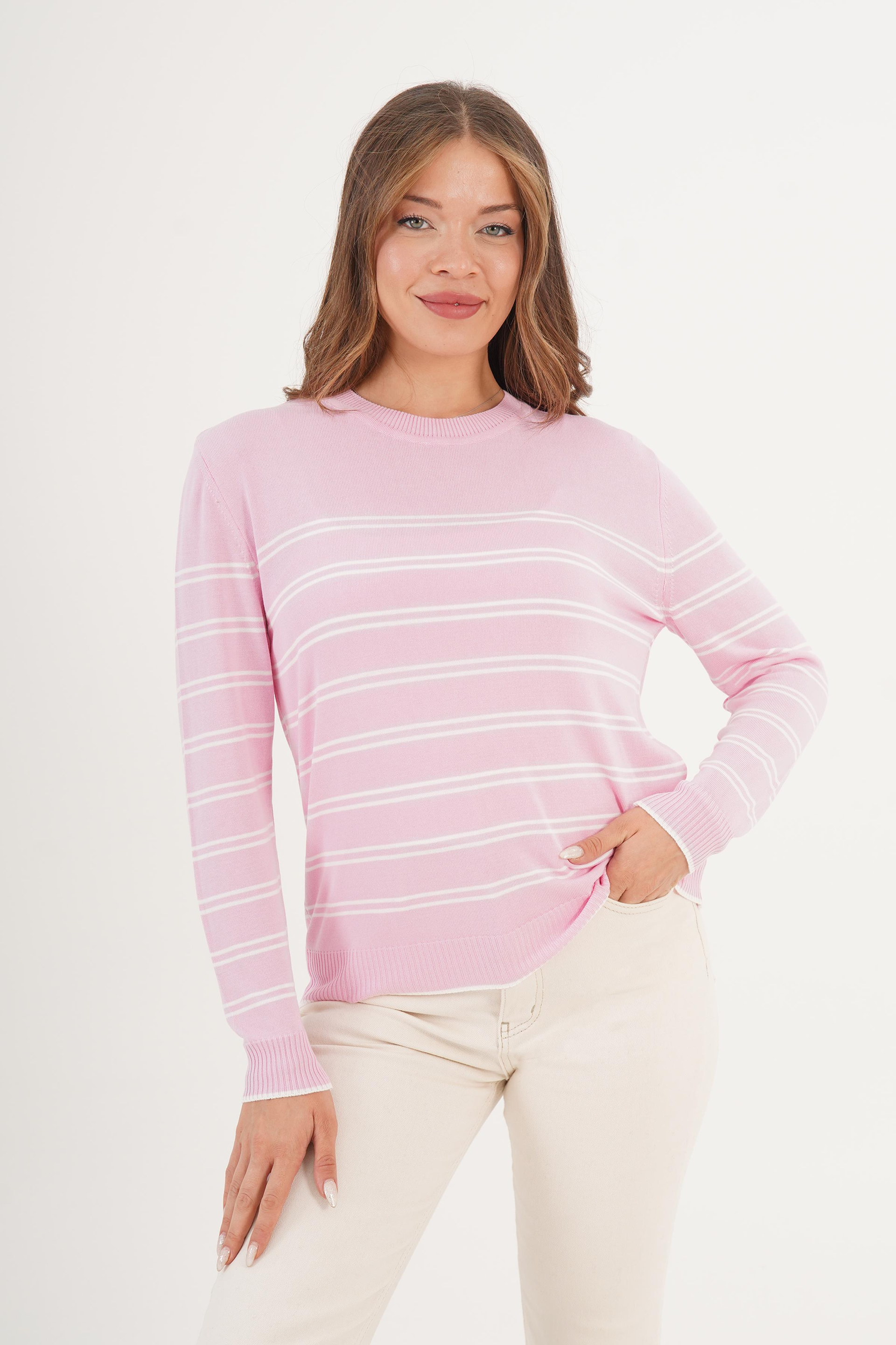 Gestreepte Viscose Trui Dames – Luchtige Lente Sweater Rose Wit – One Size