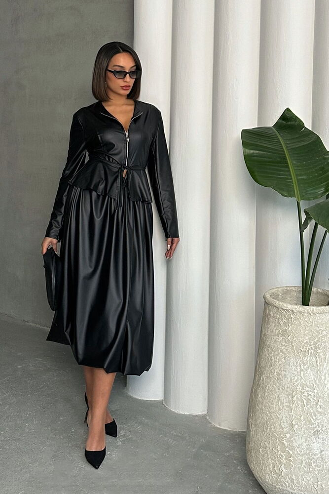 Midnight Elegance by AroeFashion - Dames Zwarte Kunstleren Midi-Rok