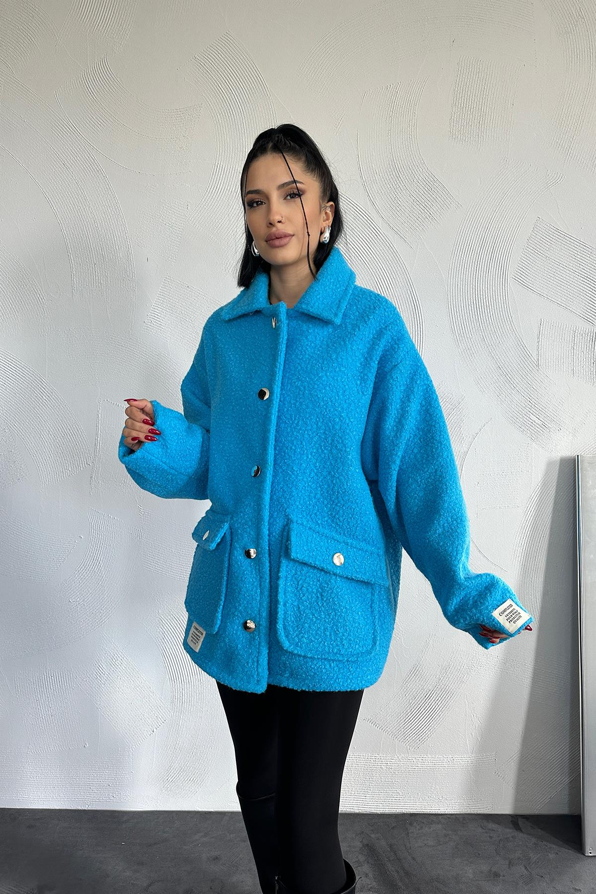 Dames Blauwe Teddy Overshirt Jas – Oversized Fit – Warm & Zacht & Gevoerd