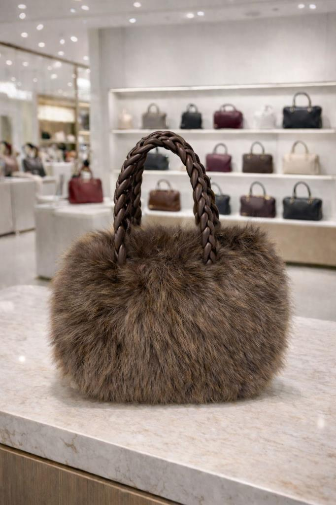 Luxe Faux Fur Dames Handtas met Gevlochten Handvat – Bruine tas