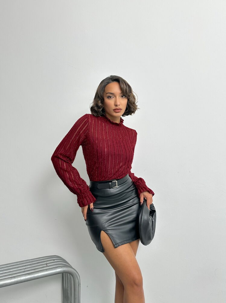 Bordeaux Textuur Dames Blouse met Ruches