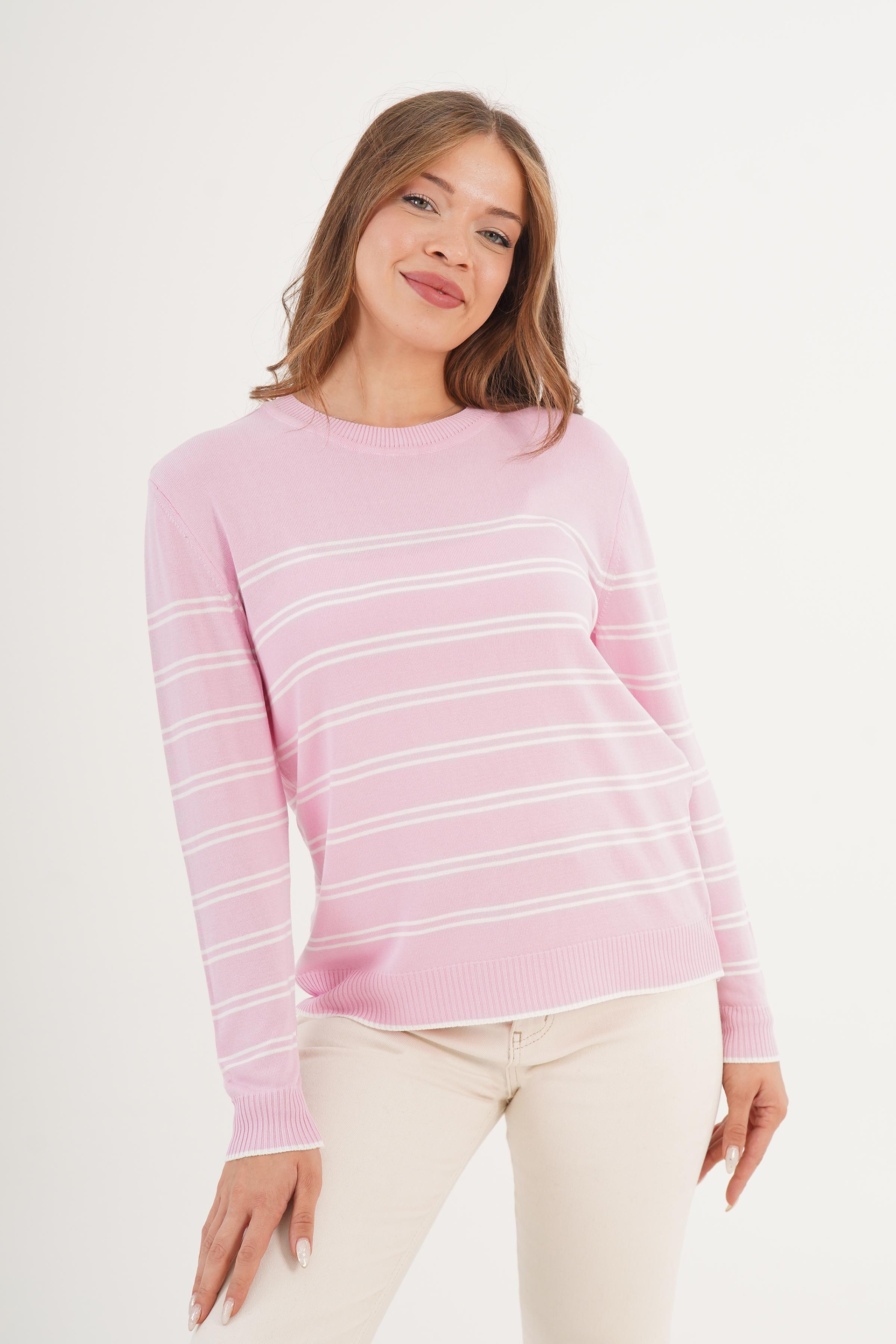 Gestreepte Viscose Trui Dames – Luchtige Lente Sweater Rose Wit – One Size