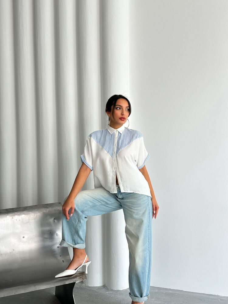 Wit Licht Blauw Gestreepte Dames Blouse