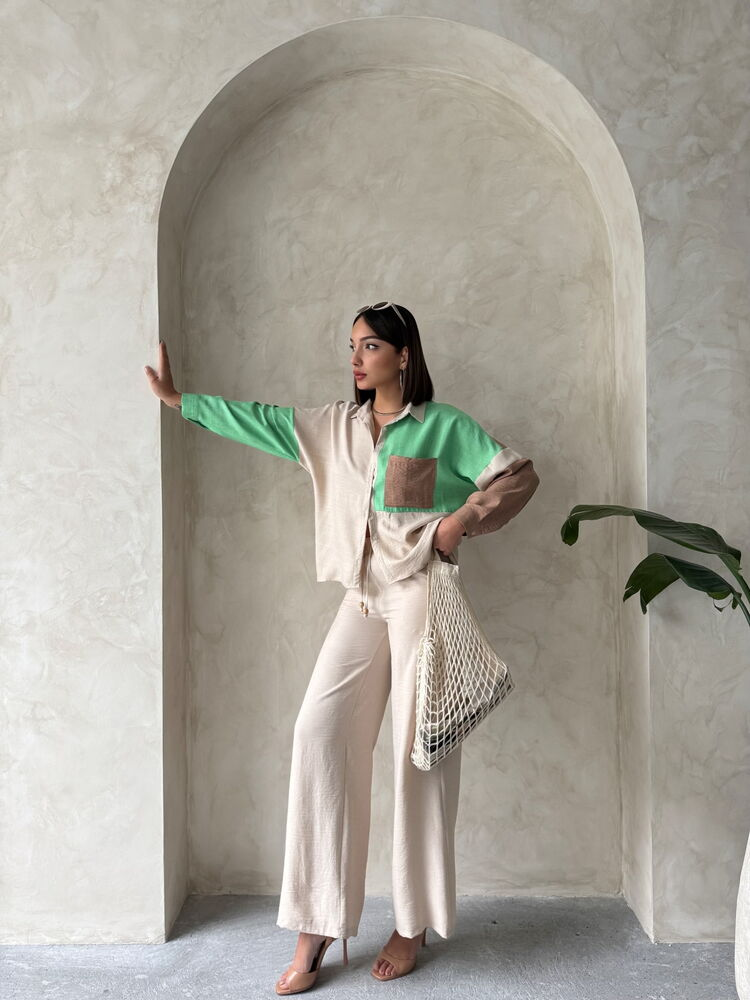 Colorblock Blouse Beige & Groen