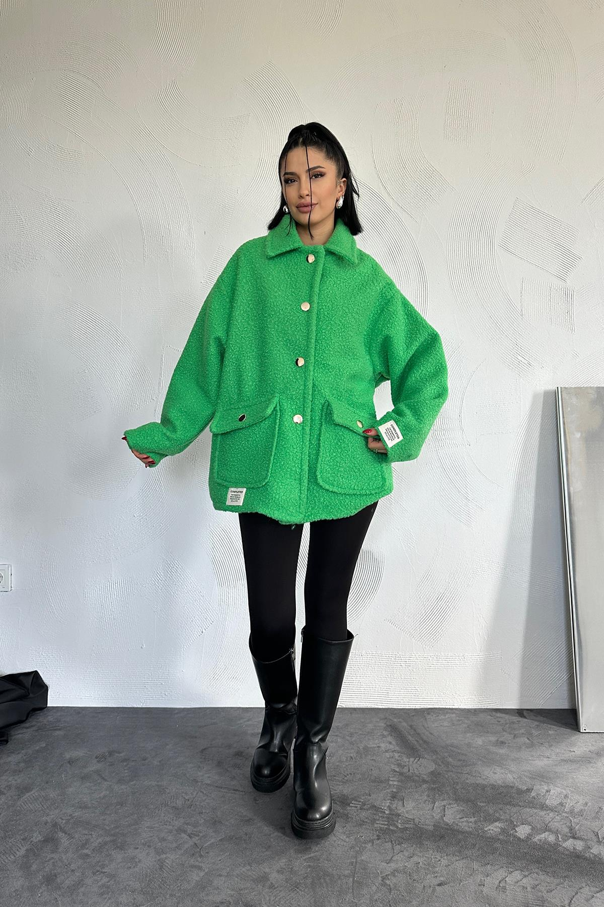 Dames Groene Teddy Overshirt Jas – Oversized Fit – Warm & Zacht & Gevoerd