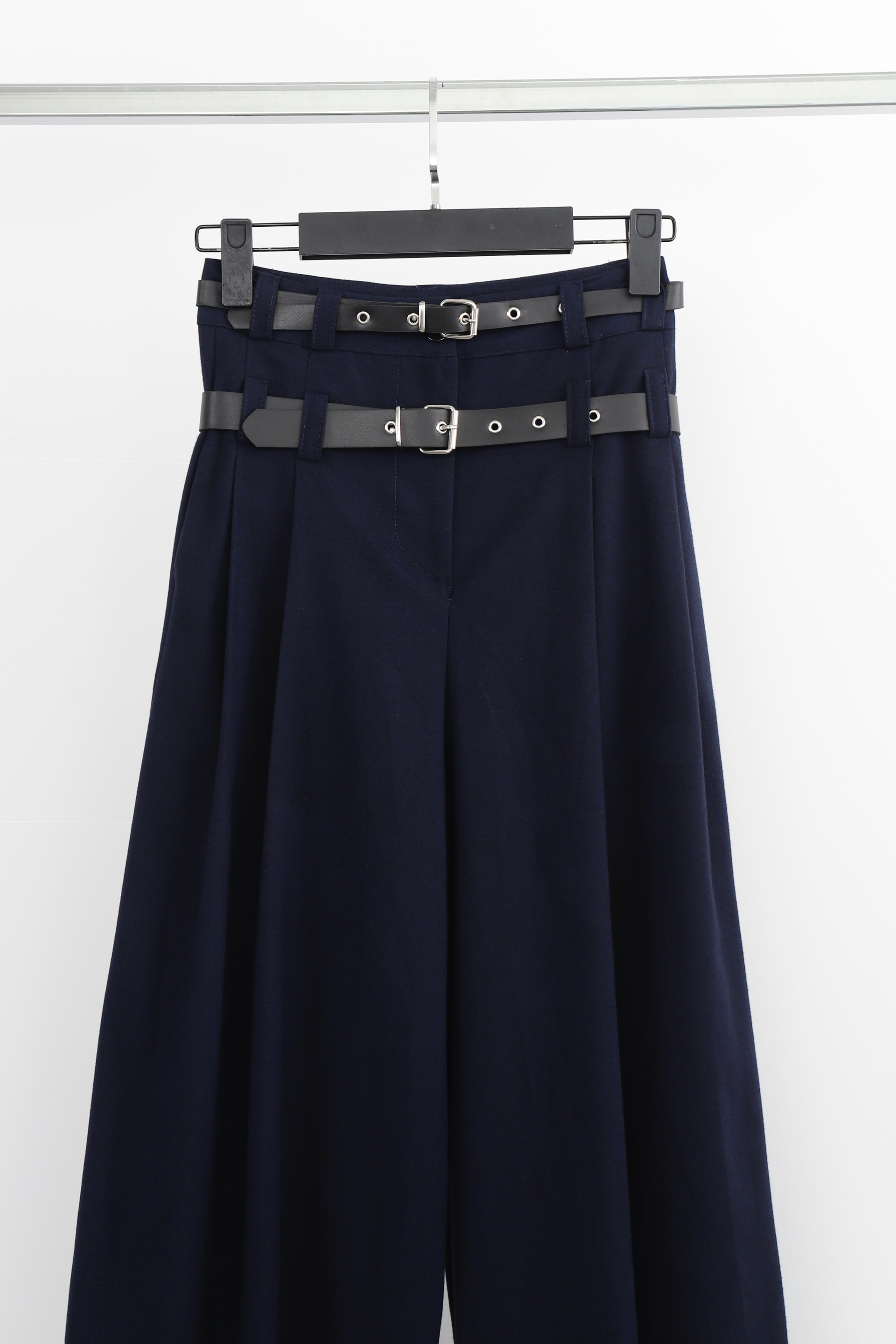 Navy Wide Leg Pantalon Dames met Dubbele Riem – Hoge Taille