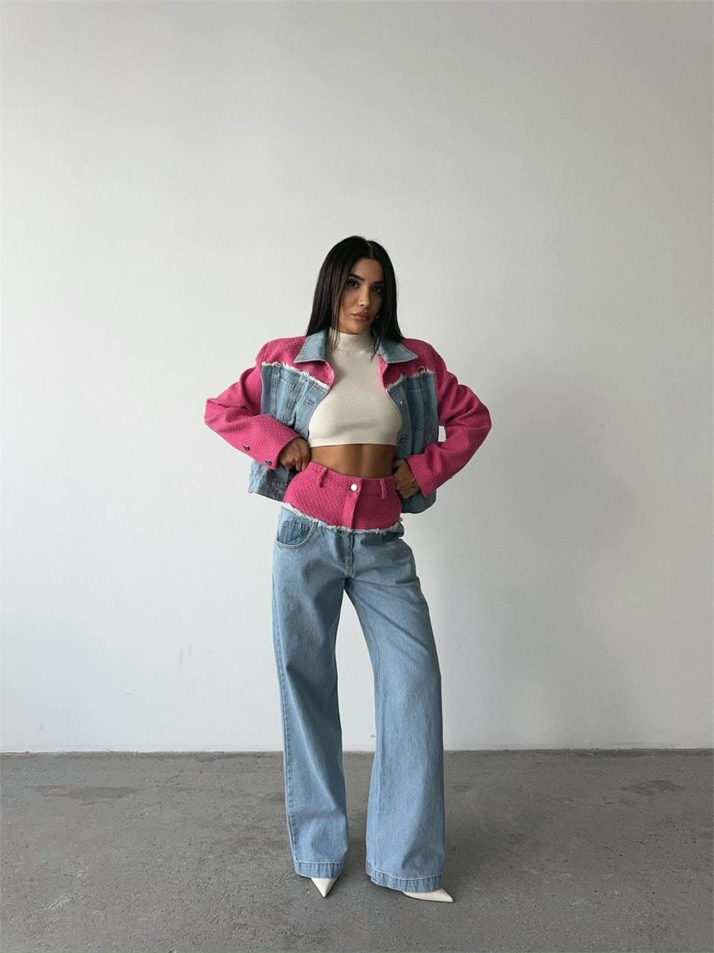 Denim Set 2-pieces met Contrast Details – Roze & Blauw – Jack & Broek – Statement Dames Set