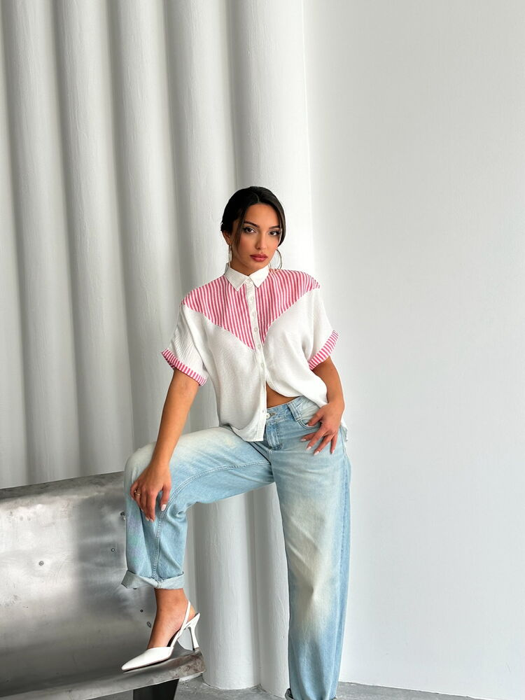 Wit Fuchsia Gestreepte Dames Blouse