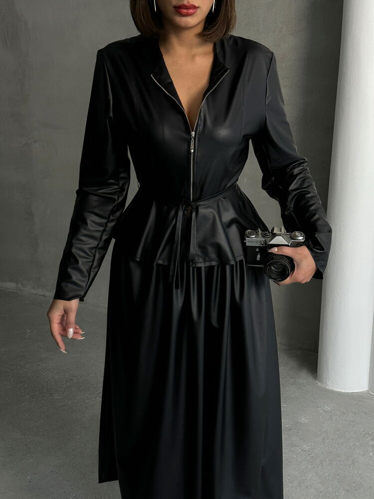 Midnight Elegance by AroeFashion - Dames Zwarte Kunstleren Midi-Rok