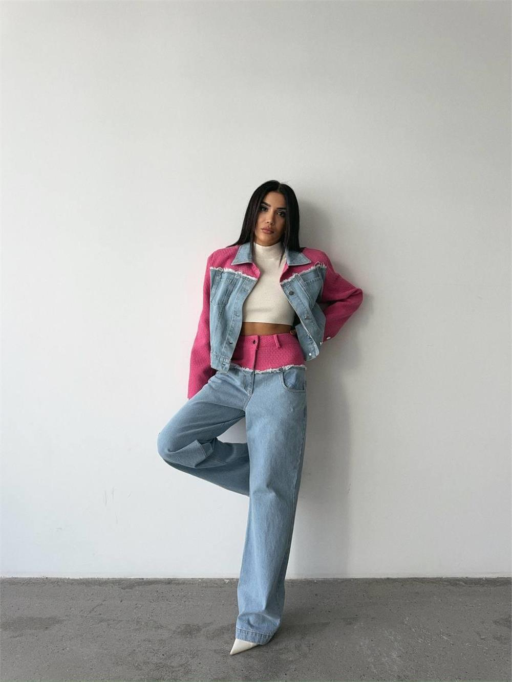 Denim Set 2-pieces met Contrast Details – Roze & Blauw – Jack & Broek – Statement Dames Set