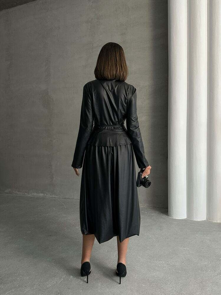 Midnight Elegance by AroeFashion - Dames Zwarte Kunstleren Midi-Rok