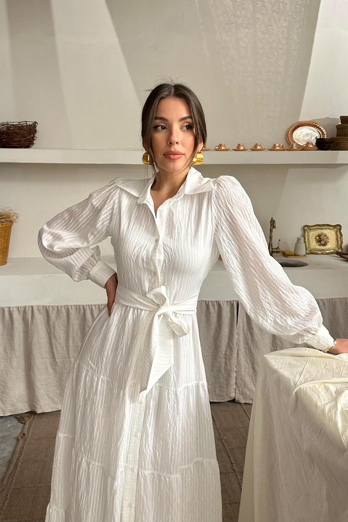 Dames Elegante A-lijn Witte Boho Chic Maxi Jurk met Strikceintuur