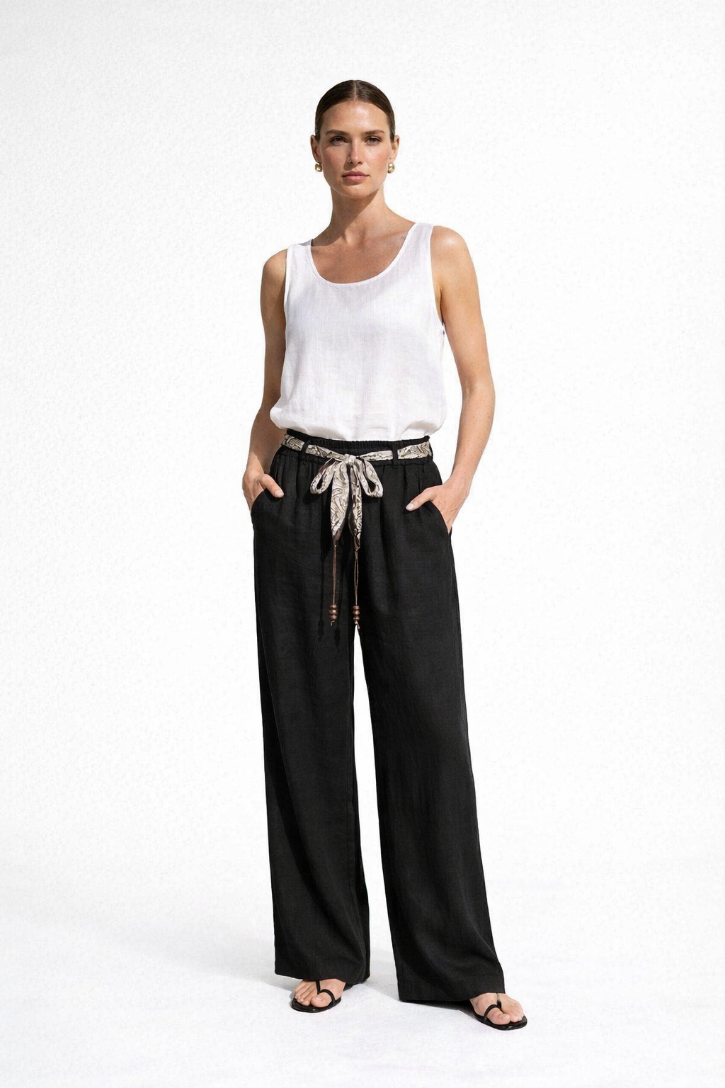 Zwarte Wide Leg Broek met Tailleband & Sjaalriem Soepele Viscose Blend