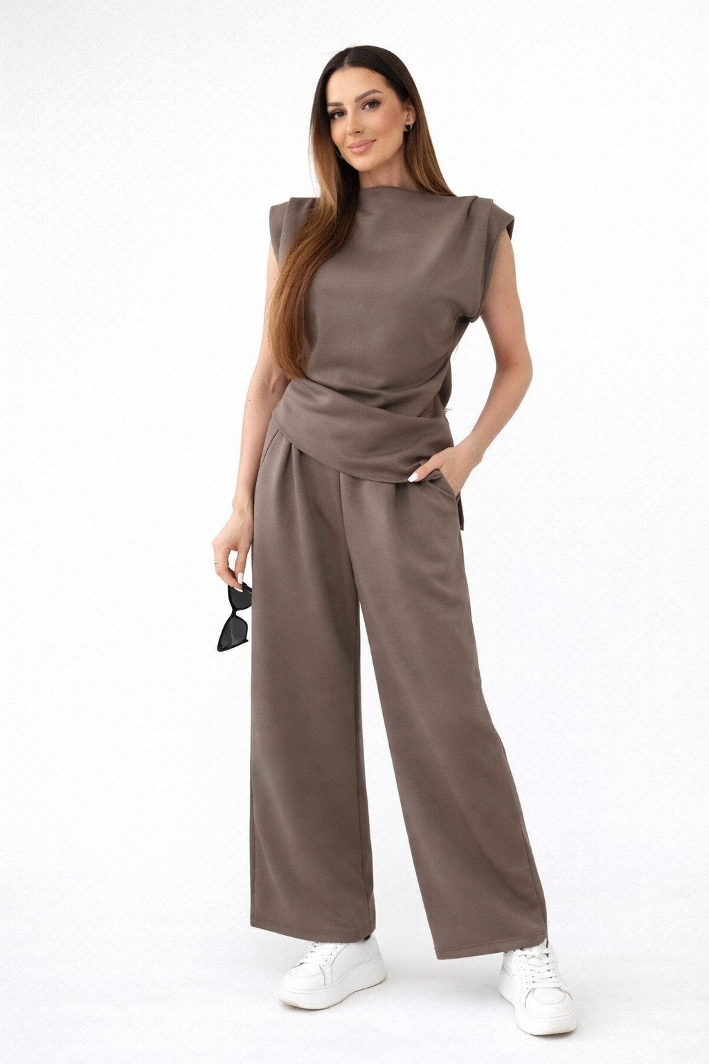 Taupe Asymmetrische 2-Delige Set Luxe Co-Ord Set Dames Viscose Stretch