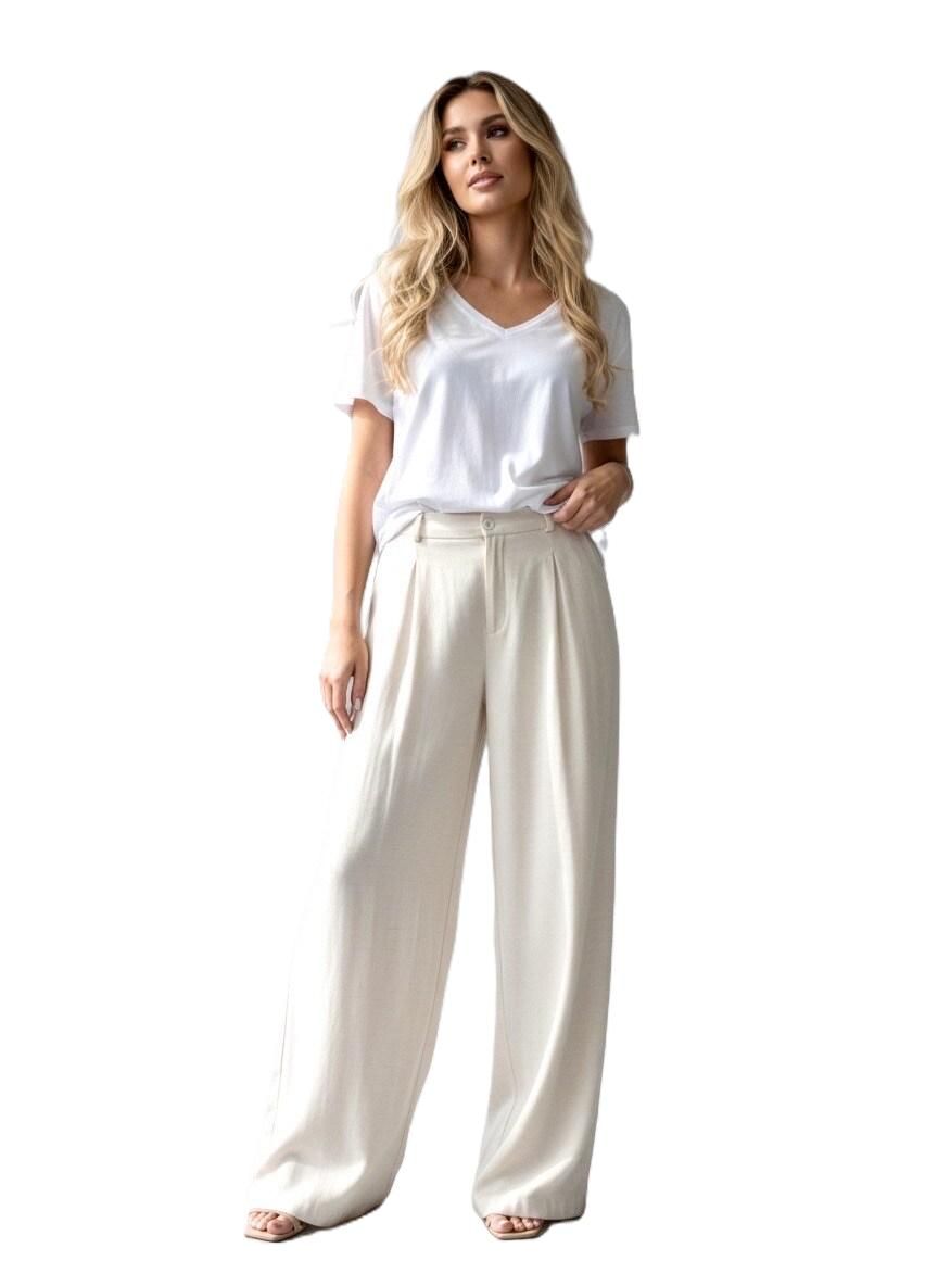 Beige Wide-Leg Broek Dames  Linnen/Katoen High Waist Elegant