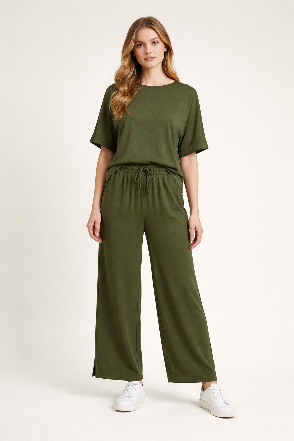 Groene Lounge Set Dames  Wide Leg Broek & Top  Comfort Fit  Elastische Taille