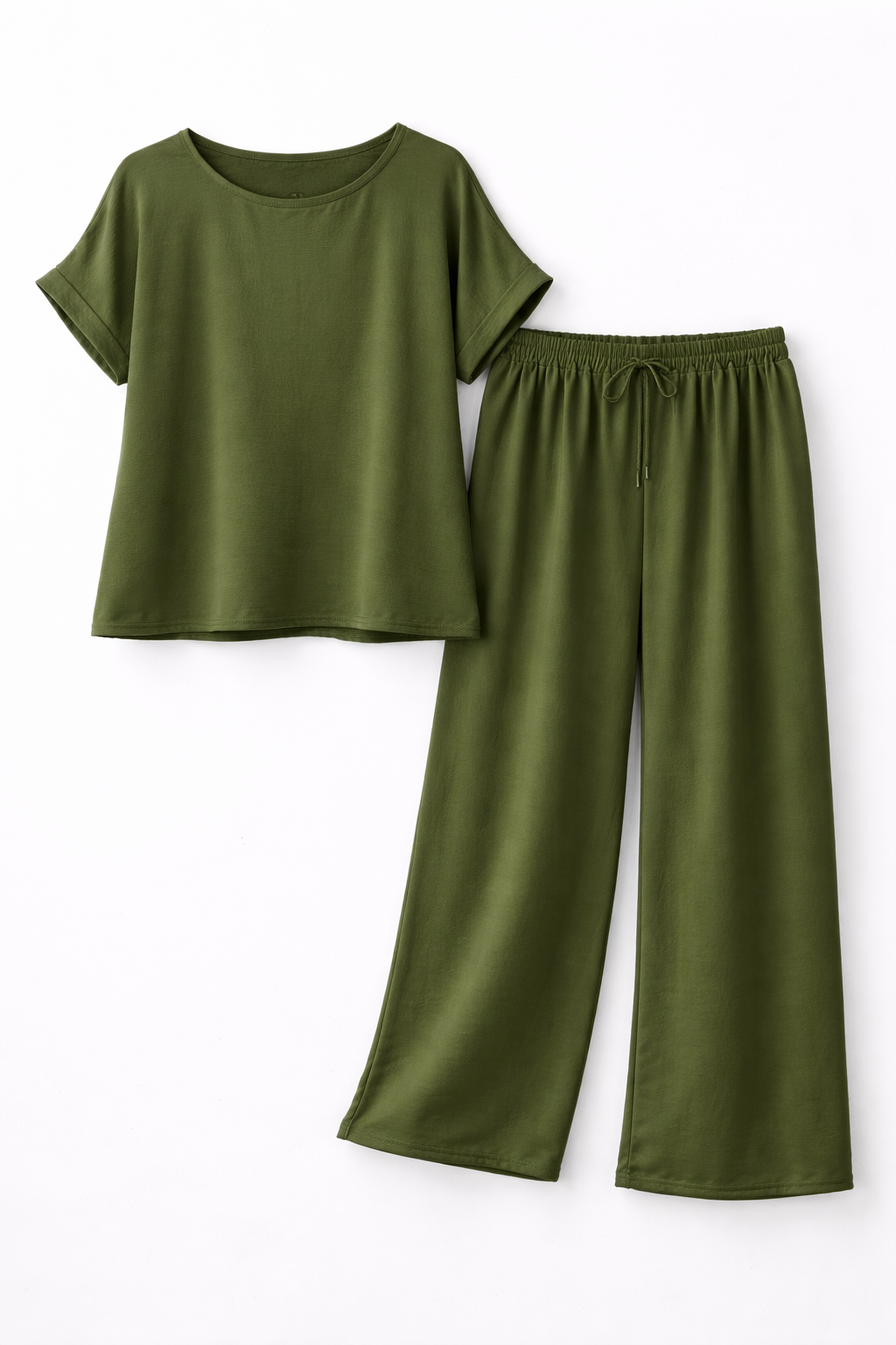 Groene Lounge Set Dames  Wide Leg Broek & Top  Comfort Fit  Elastische Taille