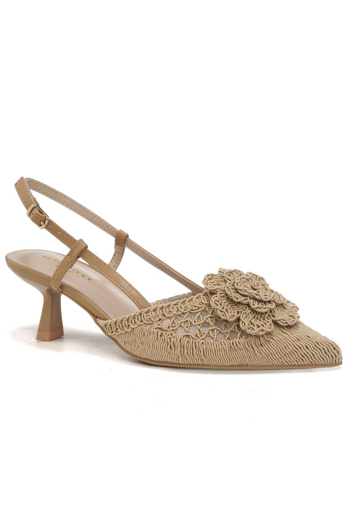 Beige Crochet Slingback Pumps met Bloemdetail Elegante Dames Hakken