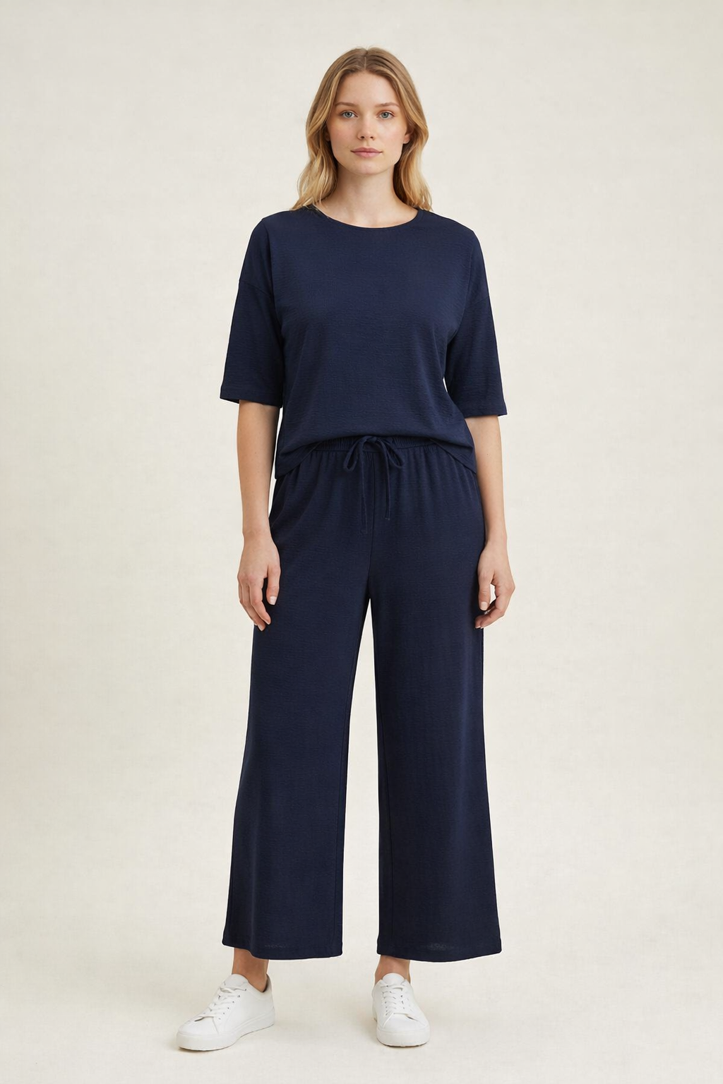 Donkerblauwe Lounge Set Dames  Wide Leg Broek & Top – Comfort Fit Elastische Taille