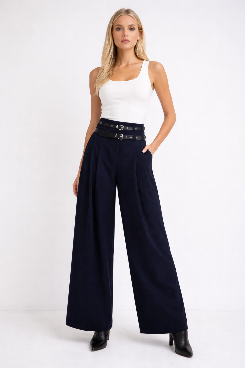 Navy Wide Leg Pantalon Dames met Dubbele Riem – Hoge Taille