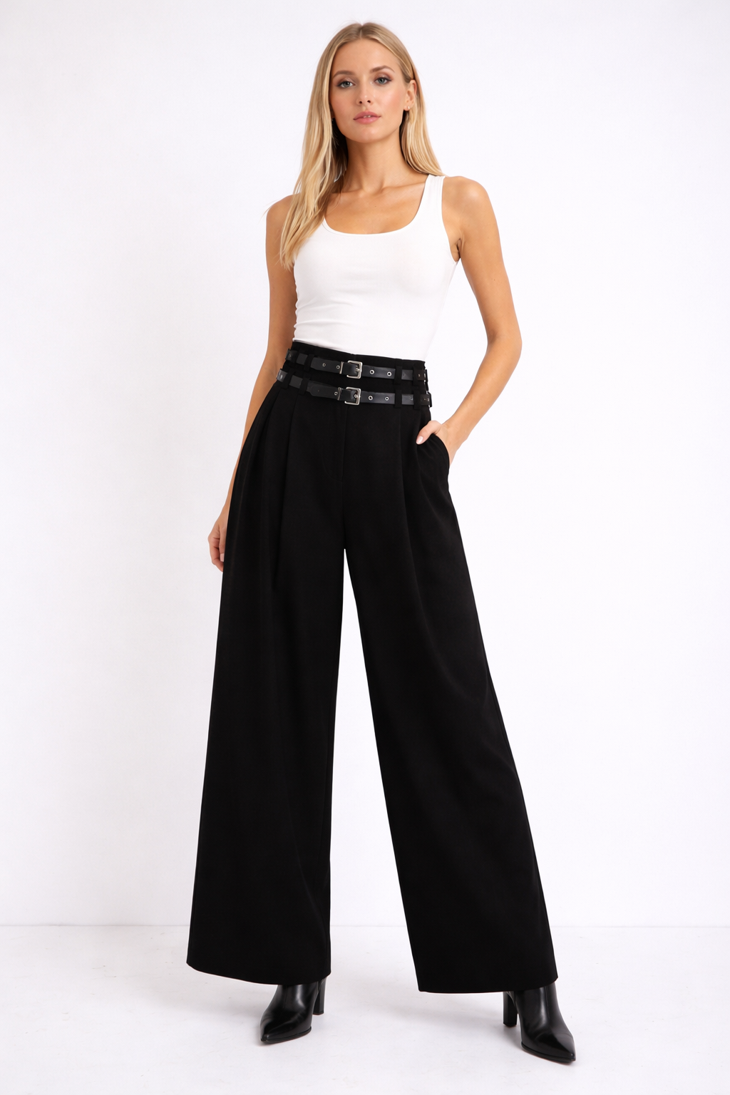 Zwarte Wide Leg Broek met Dubbele Riem – High Waist Palazzo Broek Dames