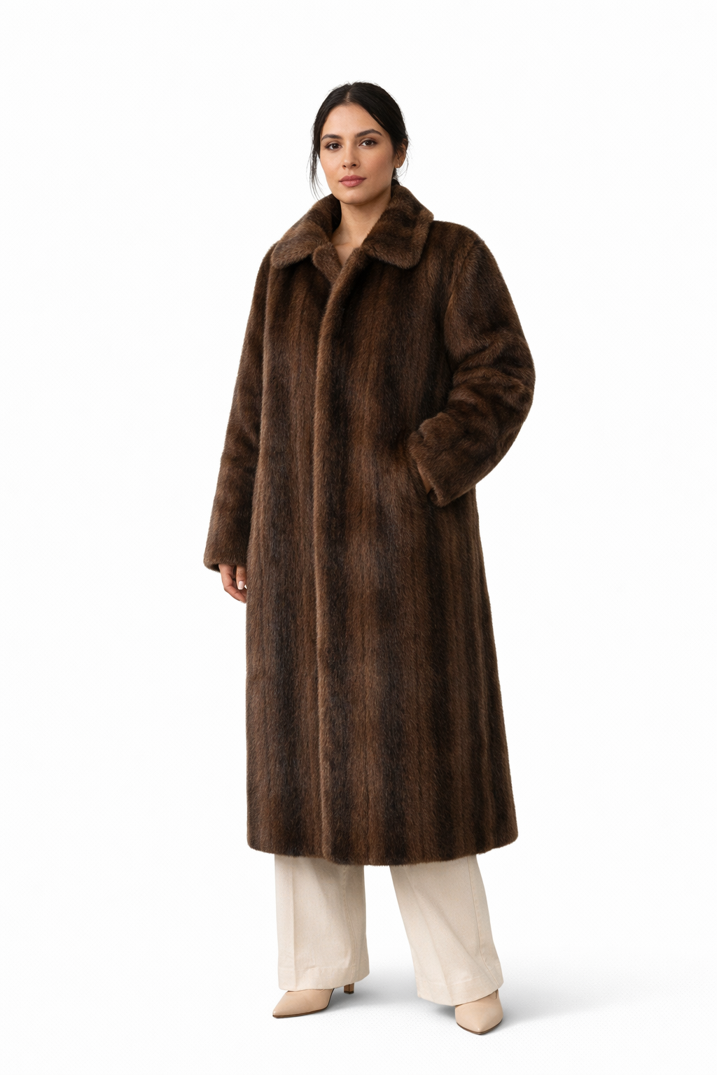 Luxe Lange Bruine Faux Fur Mantel voor Dames – Elegante Oversized Jas met Kraag