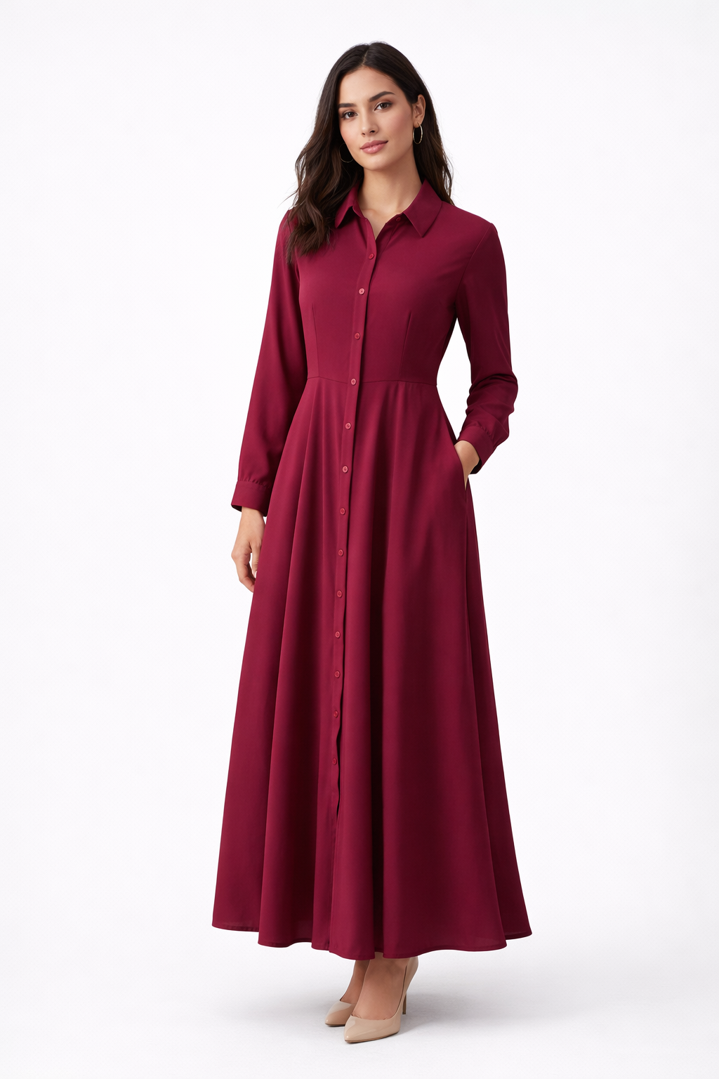 Bordeaux Wijnrood Maxi Blousejurk 95% Viscose – Luchtige Lente/Zomer Jurk