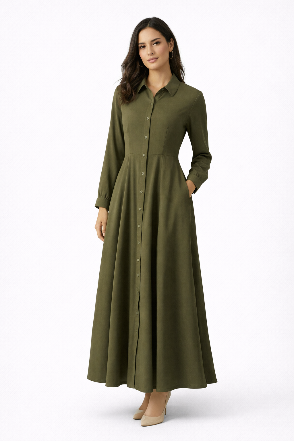 Kaki Olijfgroen Maxi Blousejurk 95% Viscose – Luchtige Lente/Zomer Jurk