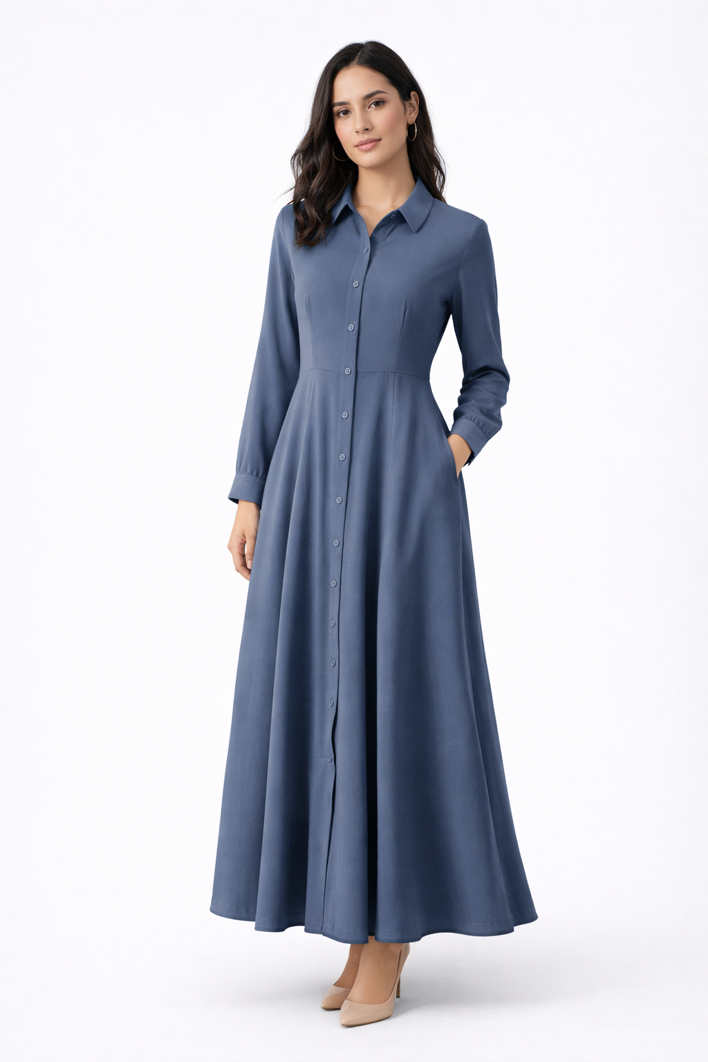 Blauwe Maxi Blousejurk 95% Viscose – Luchtige Lente/Zomer Jurk