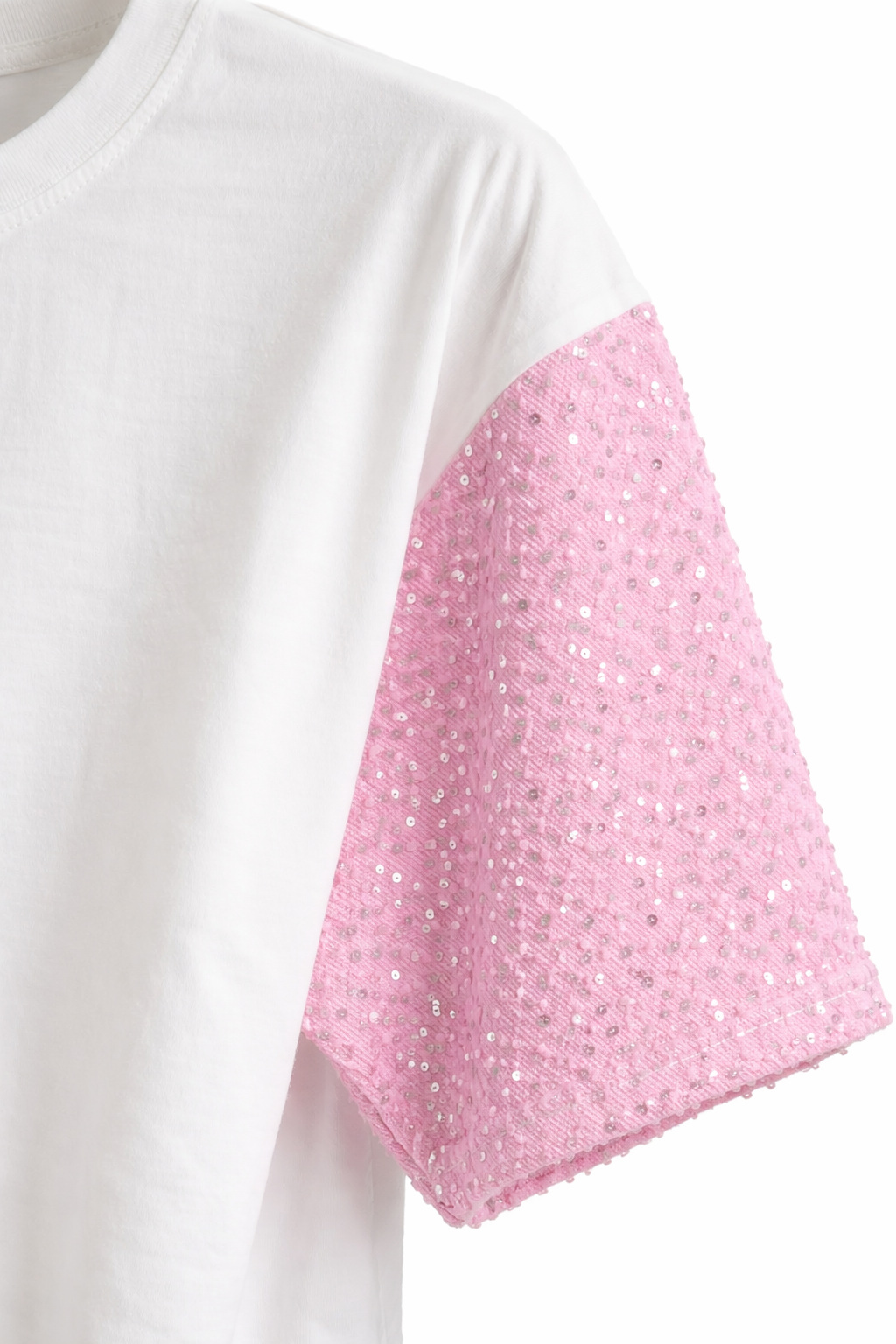 Oversized Cropped T-Shirt met Roze Pailletten Mouwen – 95% Katoen