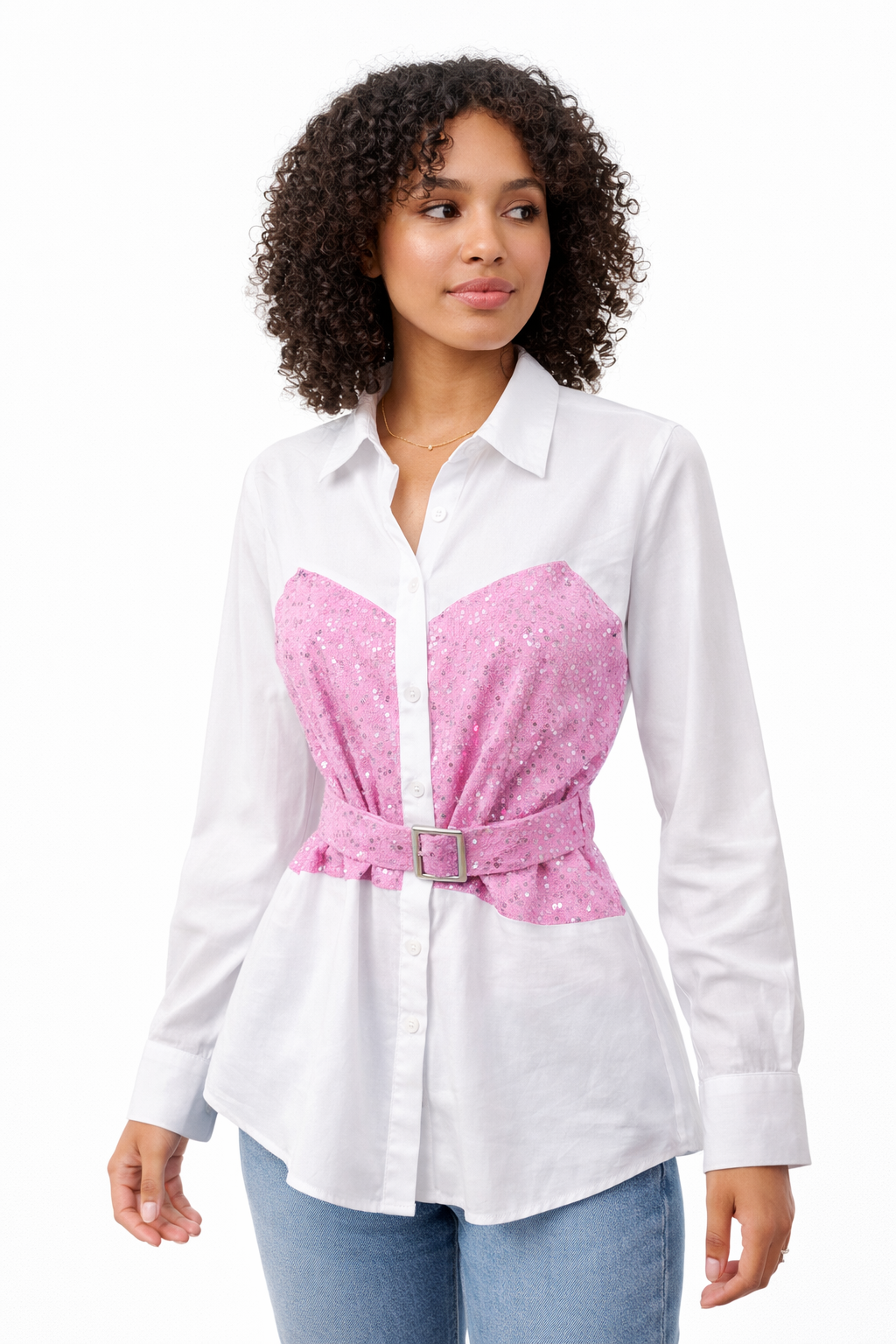 Witte Blouse met Roze Pailletten Detail en Taille Ceintuur – 70% Katoen