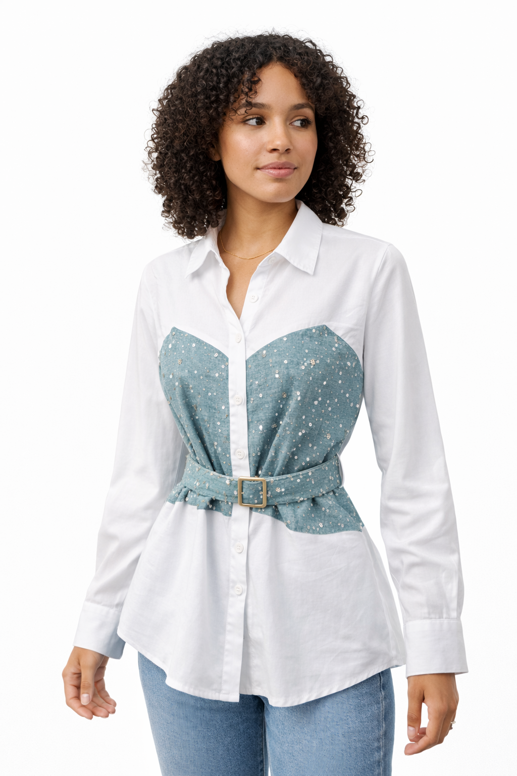 Witte Blouse met Blauwe Pailletten Inzet en Taille Ceintuur – 70% Katoen