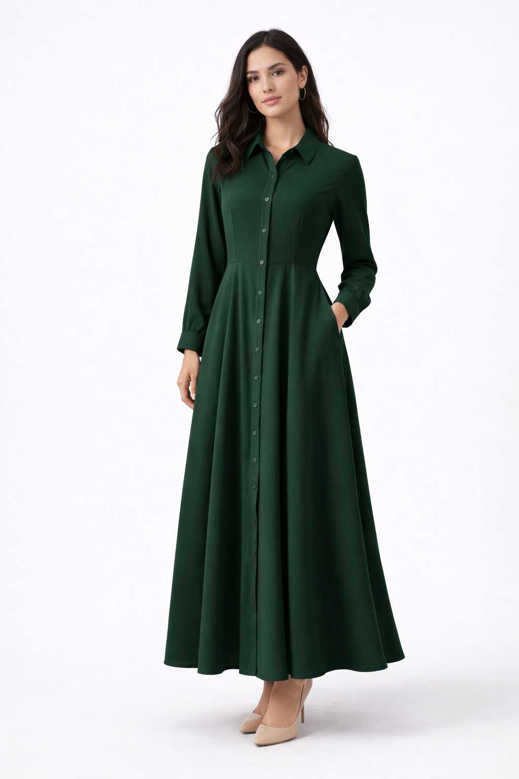 Donker groene Maxi Blousejurk 95% Viscose – Luchtige Lente/Zomer Jurk