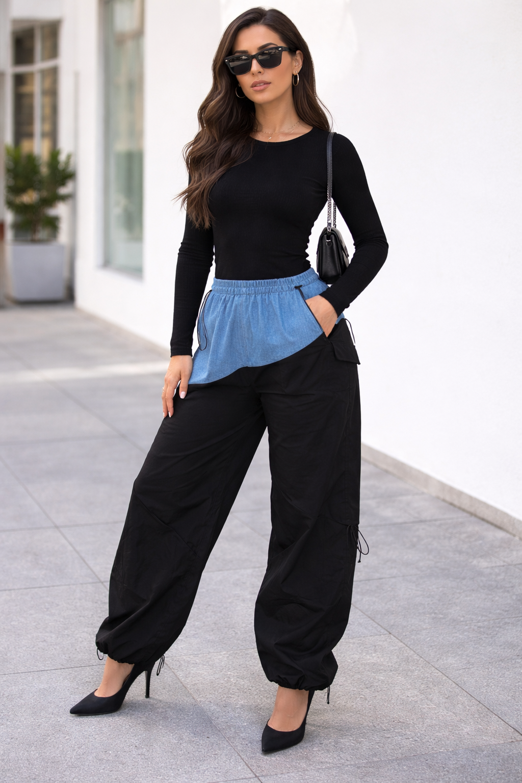 Two-Tone Wide Leg Broek Dames Streetstyle– Denim Detail – Elastische Taille