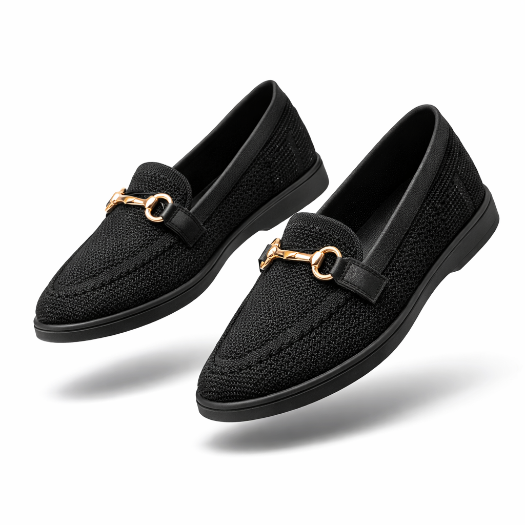 Zwarte Knit Dames Loafers met Gouden Bit lichtgewicht comfortabele zool Comfort & Elegant
