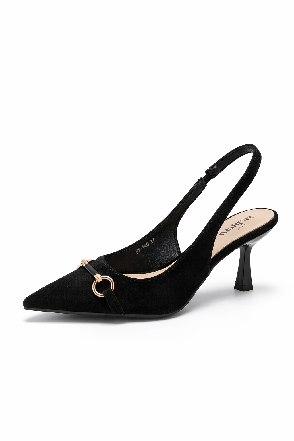 Zwarte Suède Slingback Pumps met Goudkleurig Detail – Elegante Kitten Heel