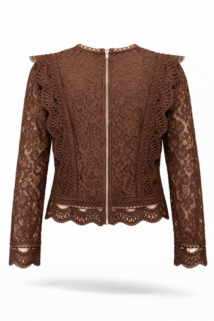Elegante Luxe kanten lace Top  Blouse met lange mouwen - Chocolade bruin