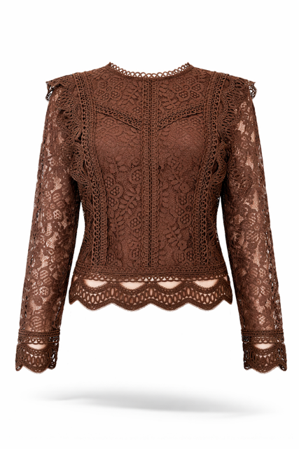 Elegante Luxe kanten lace Top  Blouse met lange mouwen - Chocolade bruin