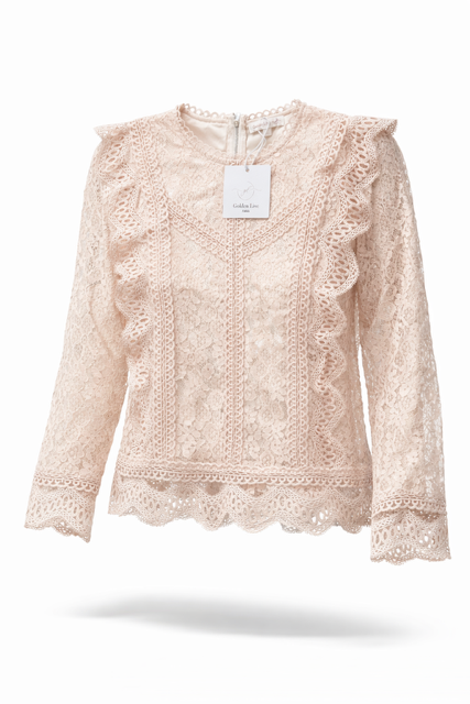 Elegante Luxe kanten lace Dames Top  Blouse met lange mouwen - Creme Off White