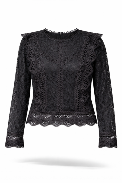 Elegante Luxe kanten lace Top  Blouse met lange mouwen - Zwart