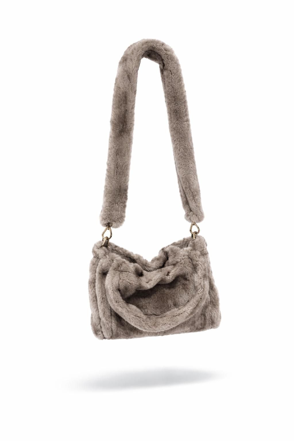 Luxe Teddy Schoudertas Taupe – Zachte Faux Fur Handtas met Brede Schouderband | Trendy