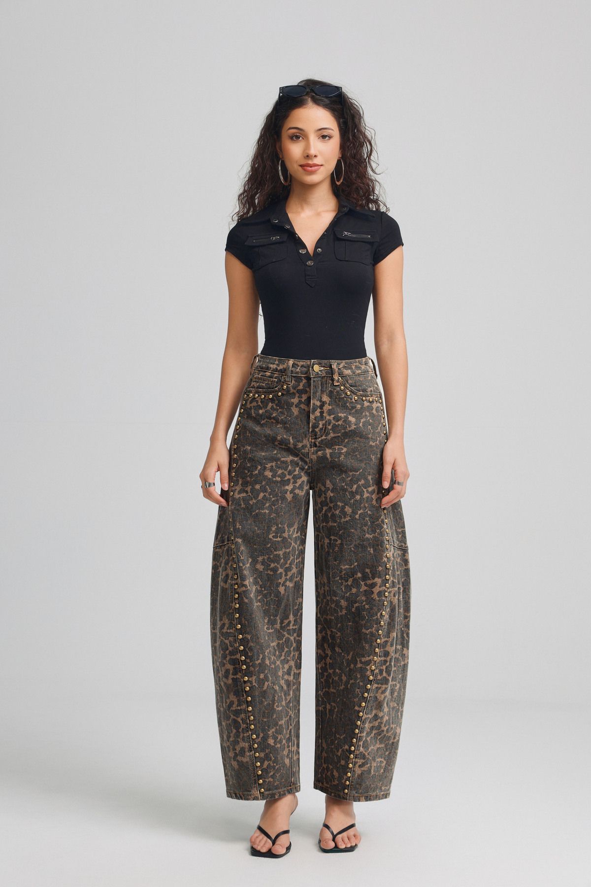 Leopard Balloon Jeans met Stud Details – High Waist Dames