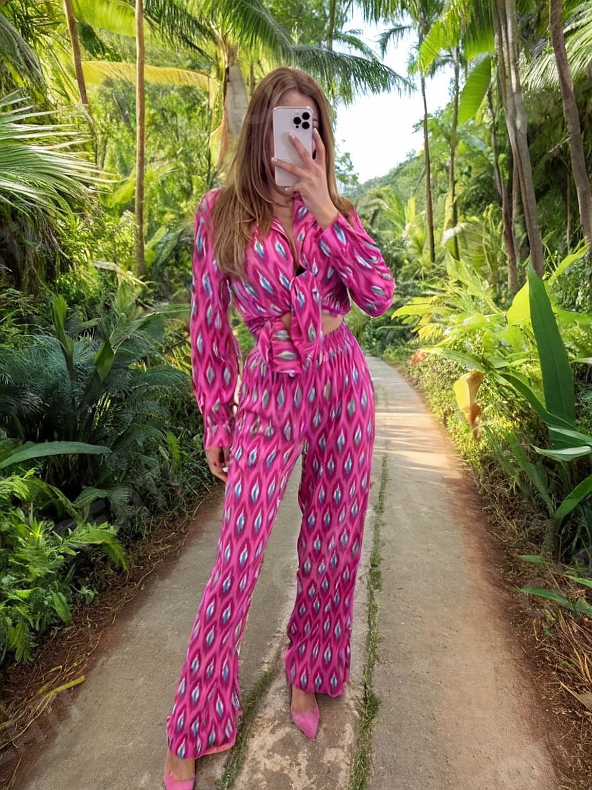 Fuchsia Co-ord Set Dames met Print – Blouse & Wijde Broek