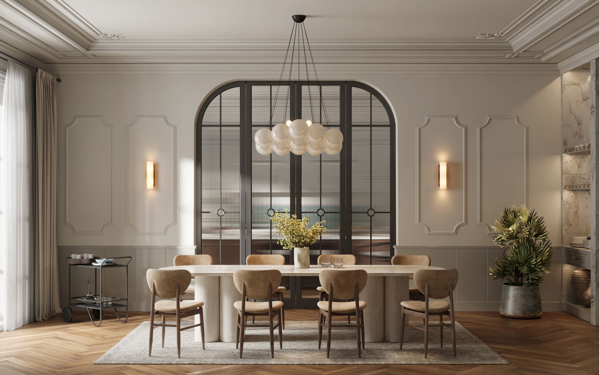 Elegant dining room with large arched window, long table, chairs, and chandelier.