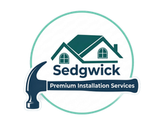 Logo for Sedgwick Premium Installation Services, featuring orange house and home improvement icons on a dark blue background.
