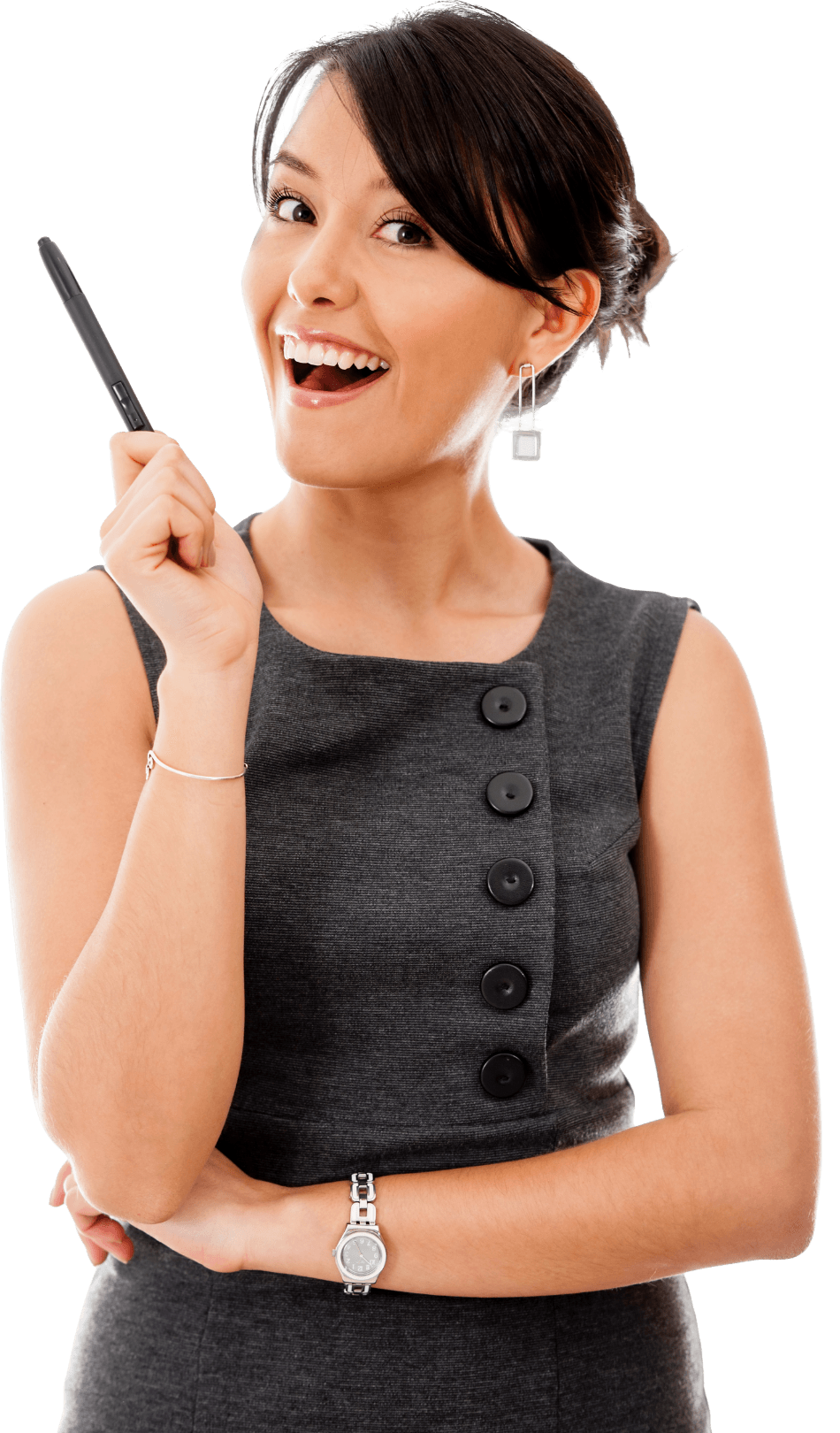 A woman is holding a pen in her hand and smiling.