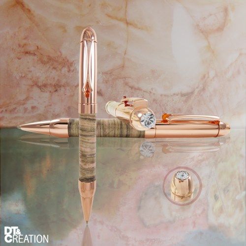 【DT&CREATION】天然台灣玫瑰石原子筆 - 鑲奧地利知名品牌水晶 (獨一無二 全球限量商品)